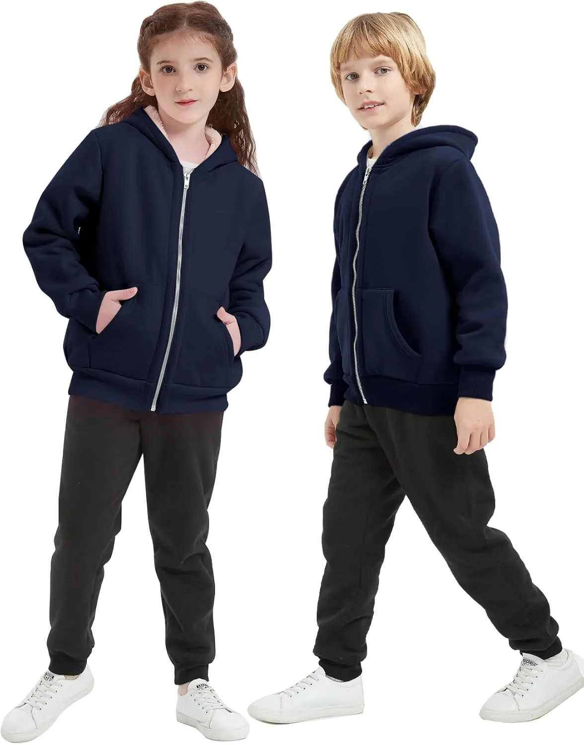 Unisex Boys Girls Sherpa Lined Fleece Jacket Hoodie Kids Warm Winter Zip Up Hooded Sweatshirt Jackets Coat 5-15Y