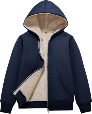 Unisex Boys Girls Sherpa Lined Fleece Jacket Hoodie Kids Warm Winter Zip Up Hooded Sweatshirt Jackets Coat 5-15Y