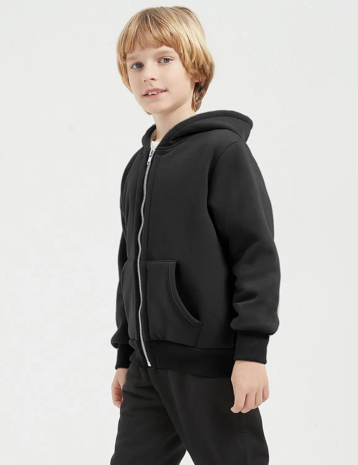 Unisex Boys Girls Sherpa Lined Fleece Jacket Hoodie Kids Warm Winter Zip Up Hooded Sweatshirt Jackets Coat 5-15Y