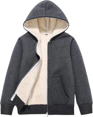Unisex Boys Girls Sherpa Lined Fleece Jacket Hoodie Kids Warm Winter Zip Up Hooded Sweatshirt Jackets Coat(DarkGrey-L)