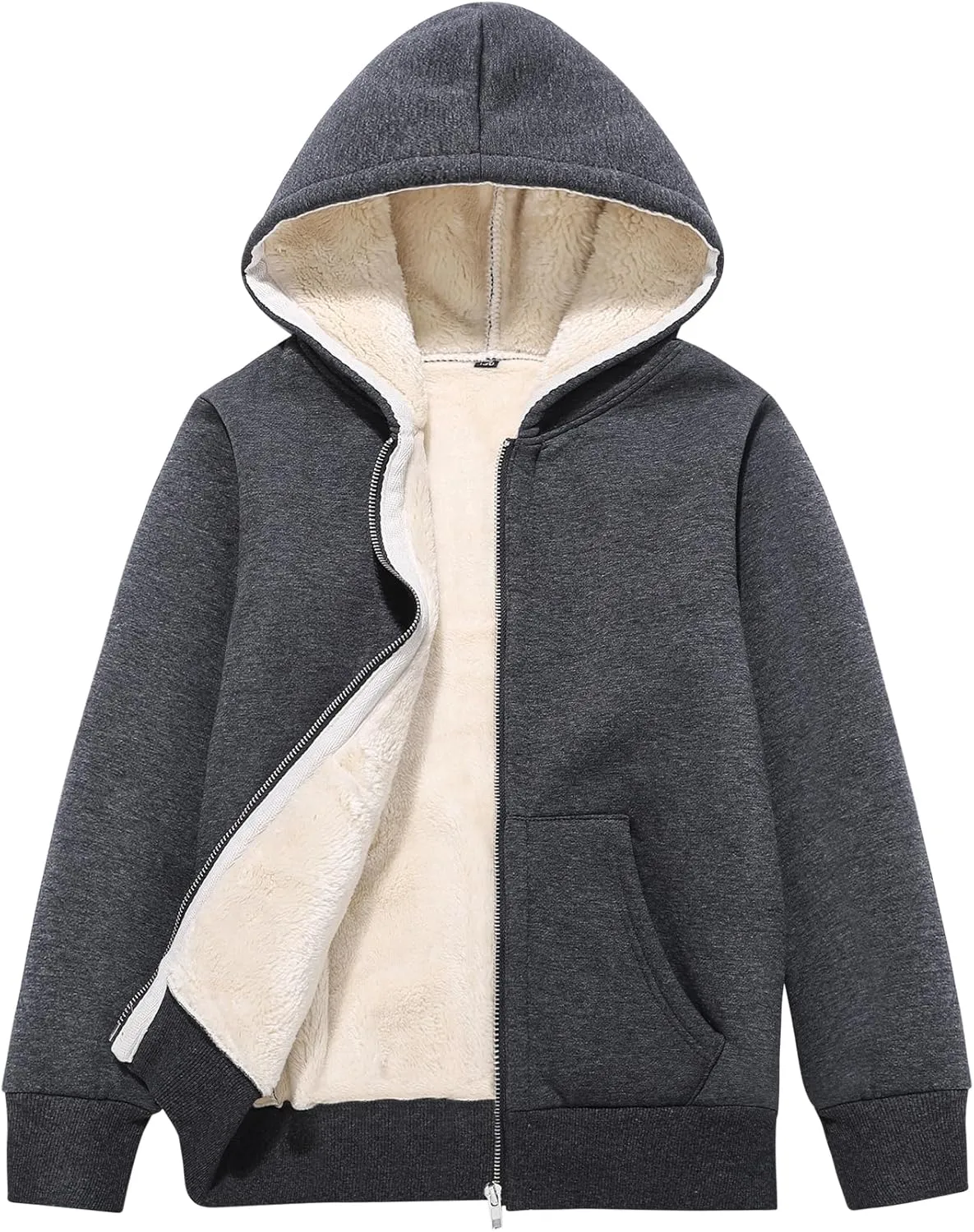 Unisex Boys Girls Sherpa Lined Fleece Jacket Hoodie Kids Warm Winter Zip Up Hooded Sweatshirt Jackets Coat(DarkGrey-L)