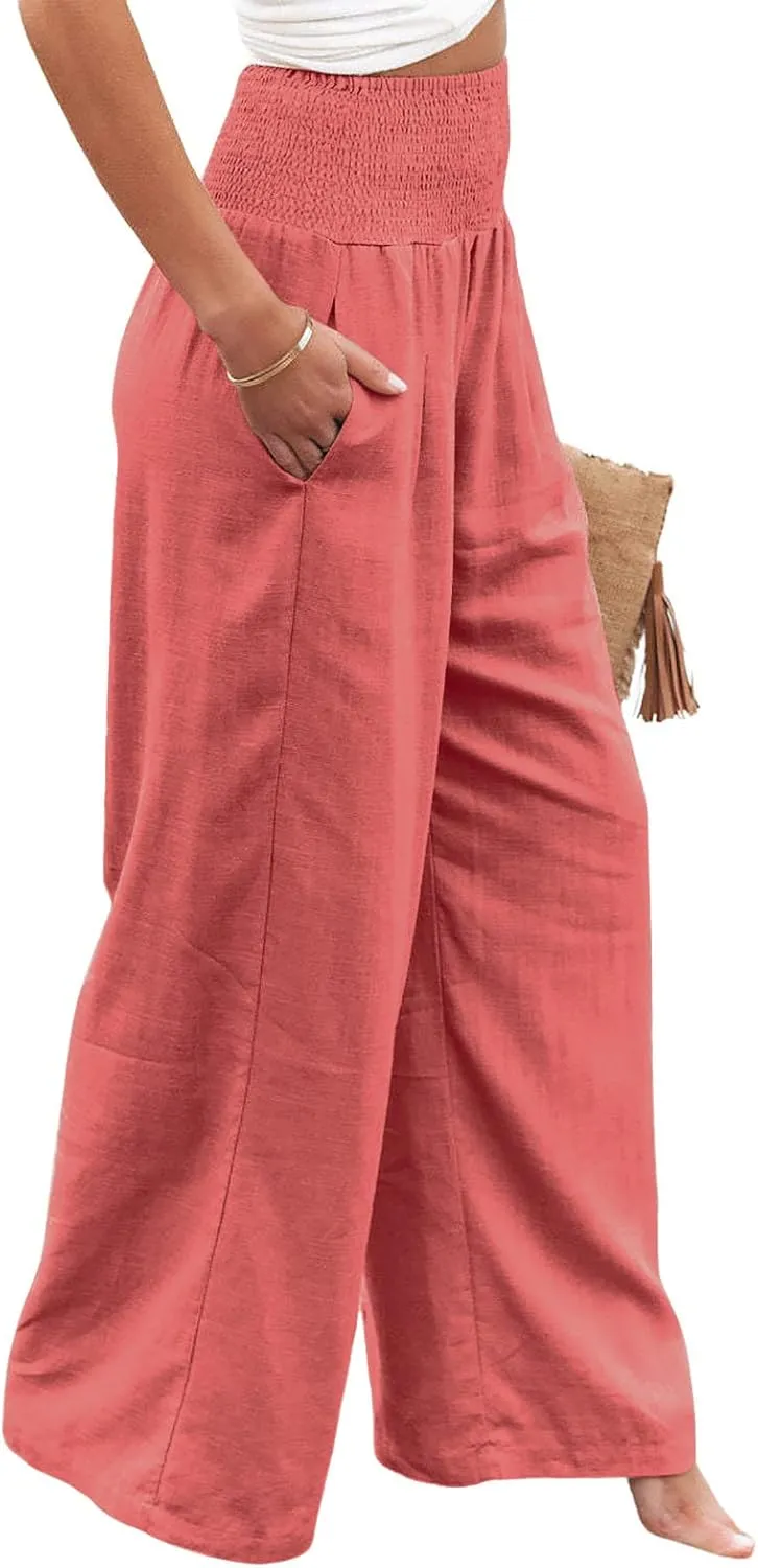 utcoco Womens Wide Leg Linen Palazzo Pants Casual Elastic Waisted Loose Fit Trousers