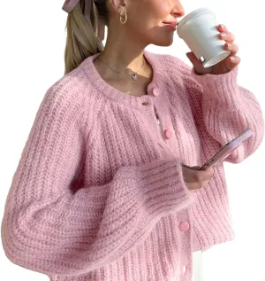 VDWIP Womens Cardigan Sweaters Button Down Chunky Knit Sweater Fall Loose Long Sleeve Cropped Cardigan