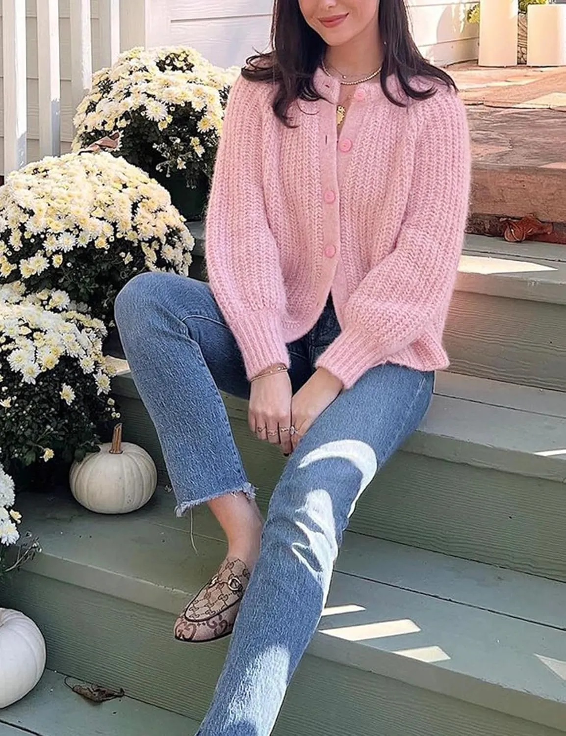 VDWIP Womens Cardigan Sweaters Button Down Chunky Knit Sweater Fall Loose Long Sleeve Cropped Cardigan