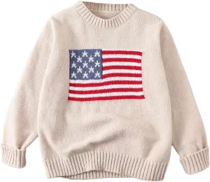 Verdusa Girl's American Flag Print Pullover Sweaters Round Neck Long Sleeve Knit Top