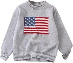 Verdusa Girl's American Flag Print Pullover Sweaters Round Neck Long Sleeve Knit Top