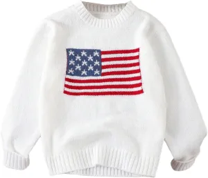 Verdusa Girl's American Flag Print Pullover Sweaters Round Neck Long Sleeve Knit Top
