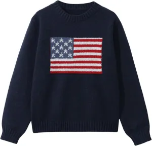 Verdusa Girl's American Flag Print Pullover Sweaters Round Neck Long Sleeve Knit Top