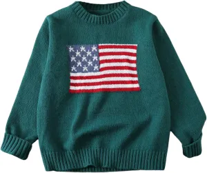 Verdusa Girl's American Flag Print Pullover Sweaters Round Neck Long Sleeve Knit Top