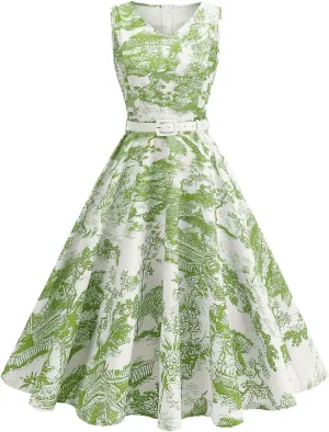 Vintage Dress for Women 1950s Tea Party Floral Print Hepburn Dresses Cocktail Swing Dress with Belt