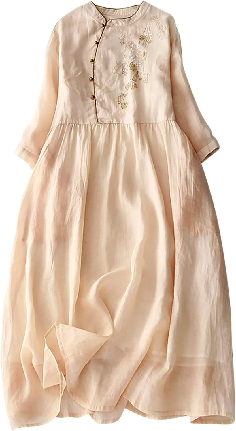 Vintage Floral Embroidered A-Line Dress Women Summer Cotton Linen 3/4 Sleeve Shirt Dress Casual Flowy Midi Dresses