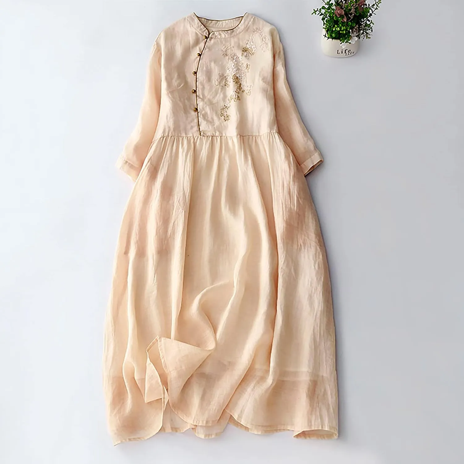 Vintage Floral Embroidered A-Line Dress Women Summer Cotton Linen 3/4 Sleeve Shirt Dress Casual Flowy Midi Dresses