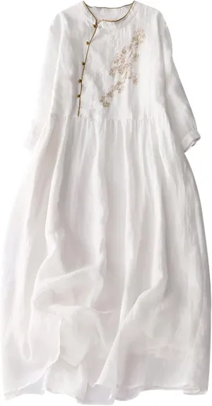 Vintage Floral Embroidered A-Line Dress Women Summer Cotton Linen 3/4 Sleeve Shirt Dress Casual Flowy Midi Dresses