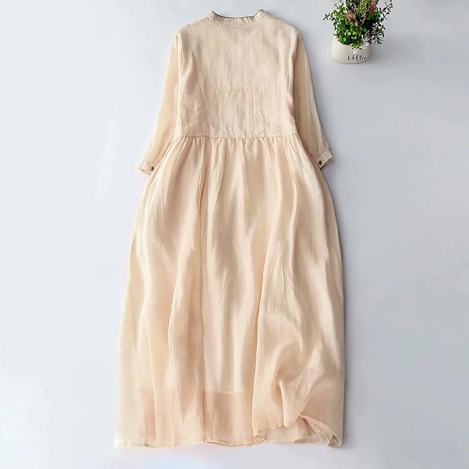 Vintage Floral Embroidered A-Line Dress Women Summer Cotton Linen 3/4 Sleeve Shirt Dress Casual Flowy Midi Dresses