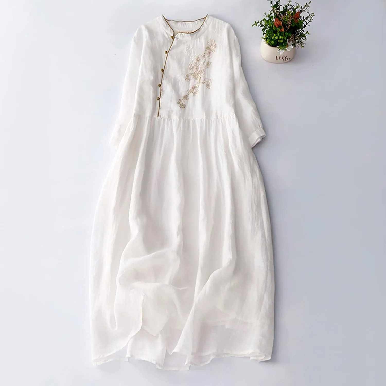 Vintage Floral Embroidered A-Line Dress Women Summer Cotton Linen 3/4 Sleeve Shirt Dress Casual Flowy Midi Dresses