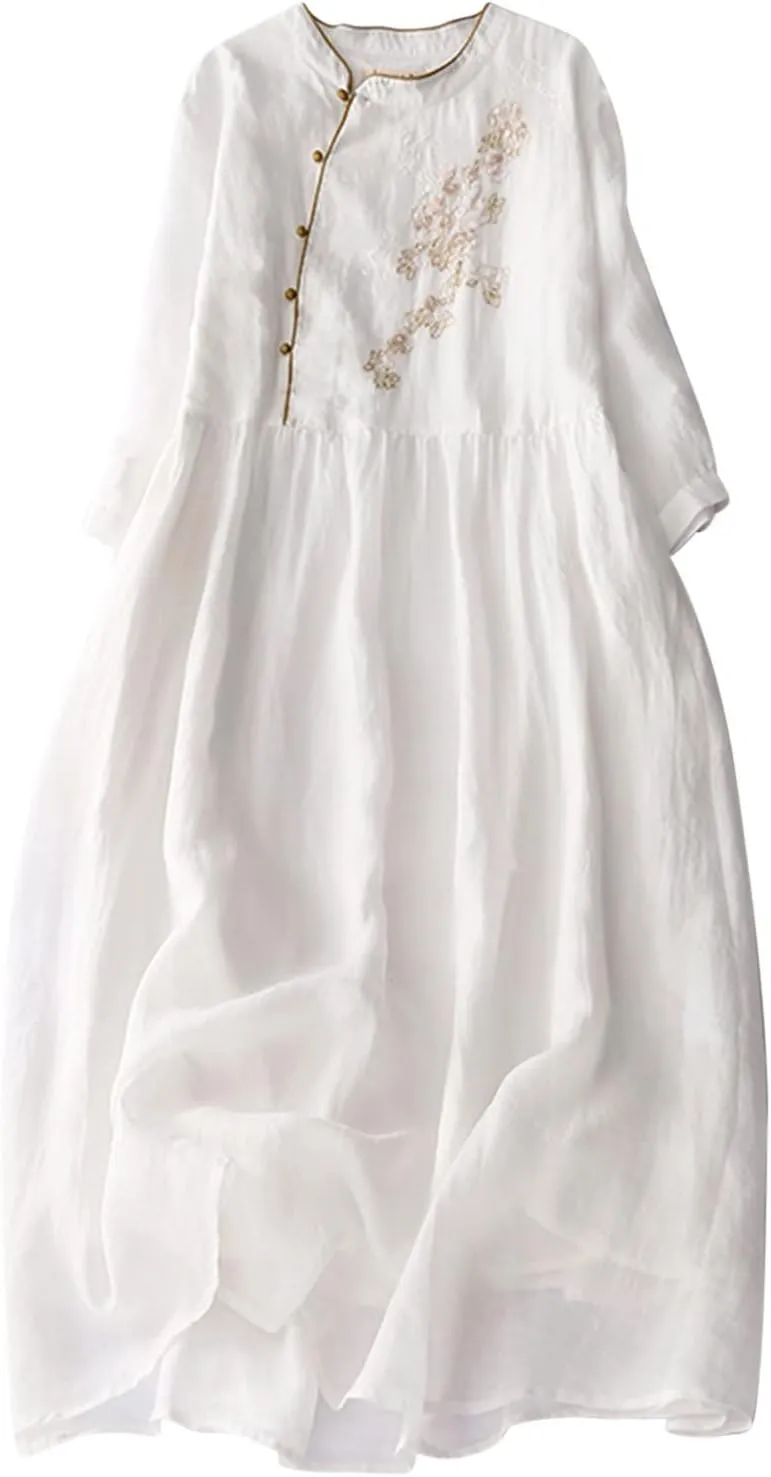 Vintage Floral Embroidered A-Line Dress Women Summer Cotton Linen 3/4 Sleeve Shirt Dress Casual Flowy Midi Dresses