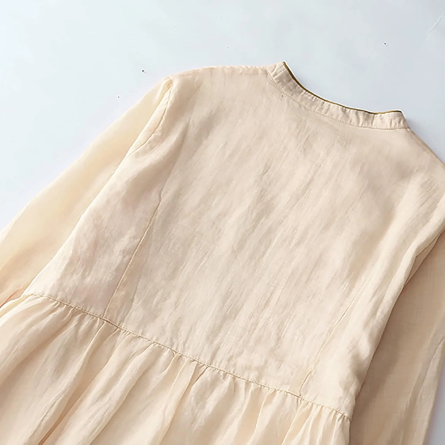 Vintage Floral Embroidered A-Line Dress Women Summer Cotton Linen 3/4 Sleeve Shirt Dress Casual Flowy Midi Dresses