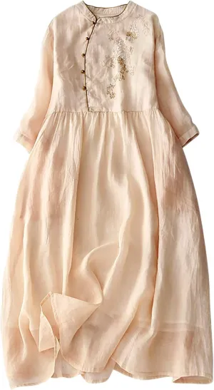 Vintage Floral Embroidered A-Line Dress Women Summer Cotton Linen 3/4 Sleeve Shirt Dress Casual Flowy Midi Dresses