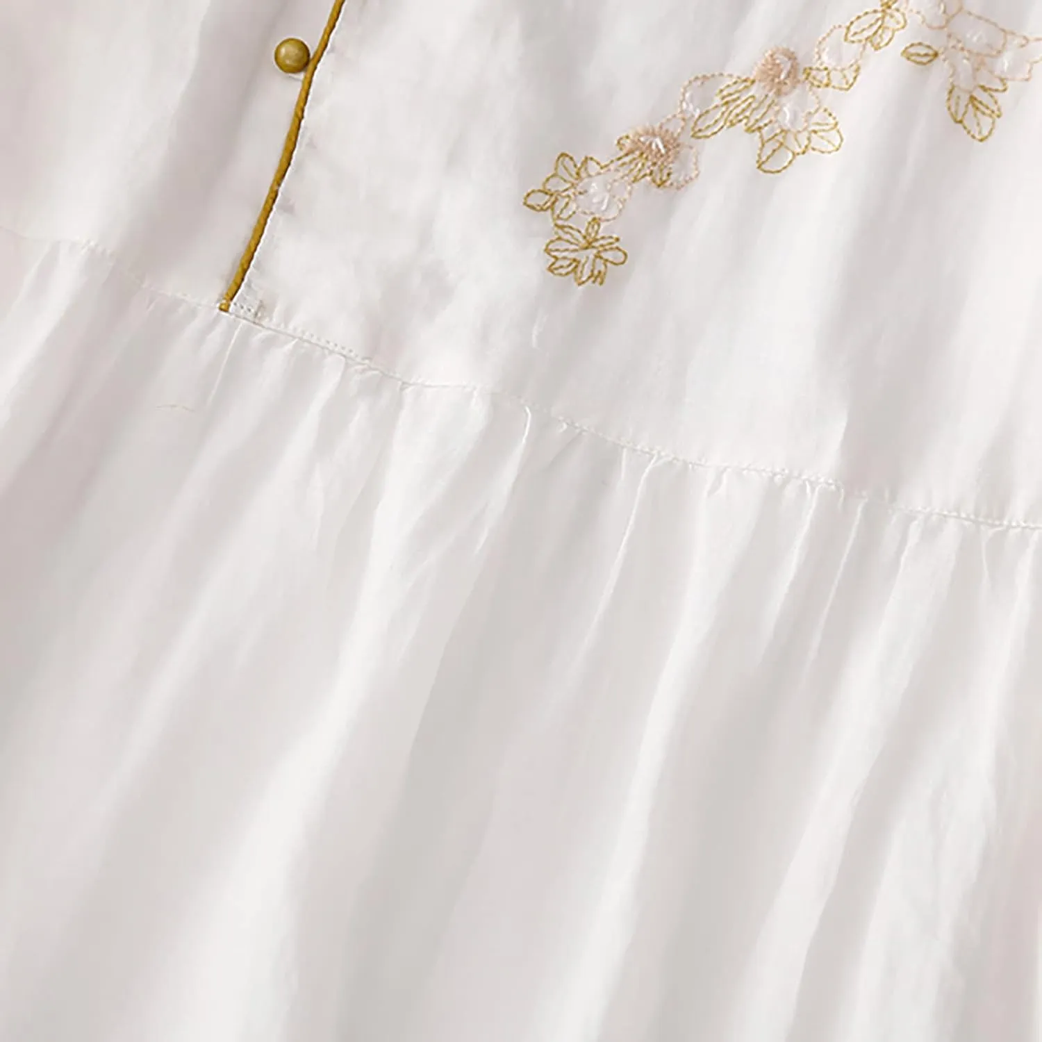 Vintage Floral Embroidered A-Line Dress Women Summer Cotton Linen 3/4 Sleeve Shirt Dress Casual Flowy Midi Dresses