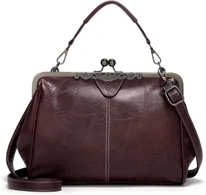 Vintage PU Leather Handbags for Women Stylish Kiss Lock Clutch Satchel Tote Purse Ladies Party Crossbody Shoulder Bagsbag1516OWOISS