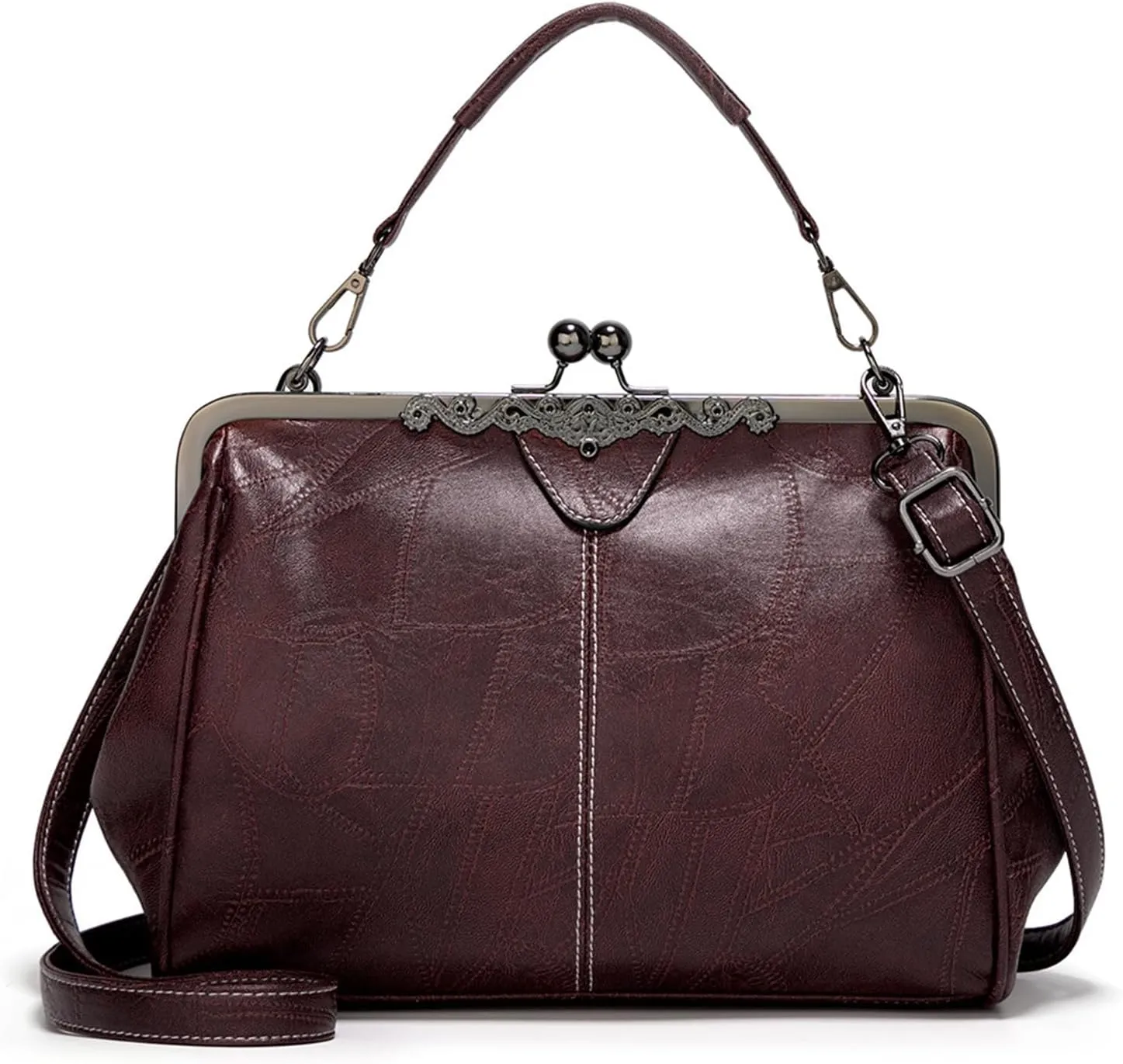 Vintage PU Leather Handbags for Women Stylish Kiss Lock Clutch Satchel Tote Purse Ladies Party Crossbody Shoulder Bagsbag1516OWOISS
