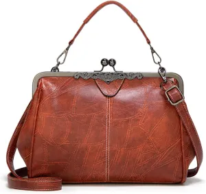 Vintage PU Leather Handbags for Women Stylish Kiss Lock Clutch Satchel Tote Purse Ladies Party Crossbody Shoulder Bagsbag1517OWOISS