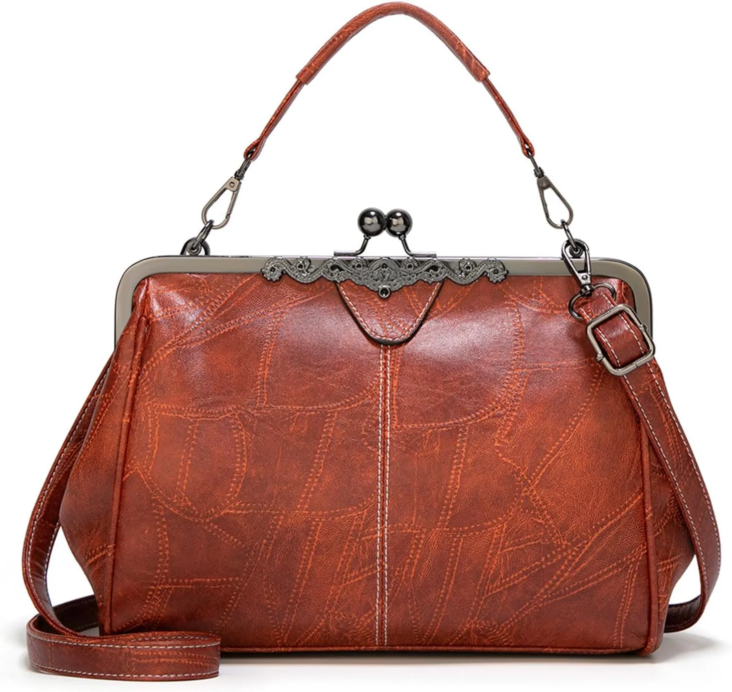 Vintage PU Leather Handbags for Women Stylish Kiss Lock Clutch Satchel Tote Purse Ladies Party Crossbody Shoulder Bagsbag1517OWOISS