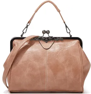 Vintage PU Leather Handbags for Women Stylish Kiss Lock Clutch Satchel Tote Purse Ladies Party Crossbody Shoulder Bagsbag1519OWOISS