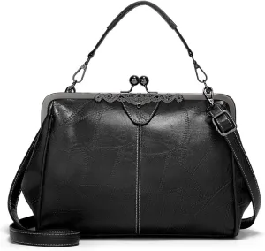 Vintage PU Leather Handbags for Women Stylish Kiss Lock Clutch Satchel Tote Purse Ladies Party Crossbody Shoulder Bagsbag1520OWOISS