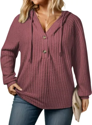VISLILY Womens-Plus-Size-Hoodies Button V Neck Lightweight Knit Sweaters Casual Long Sleeve Tops Drawstring Hooded Sweatshirt