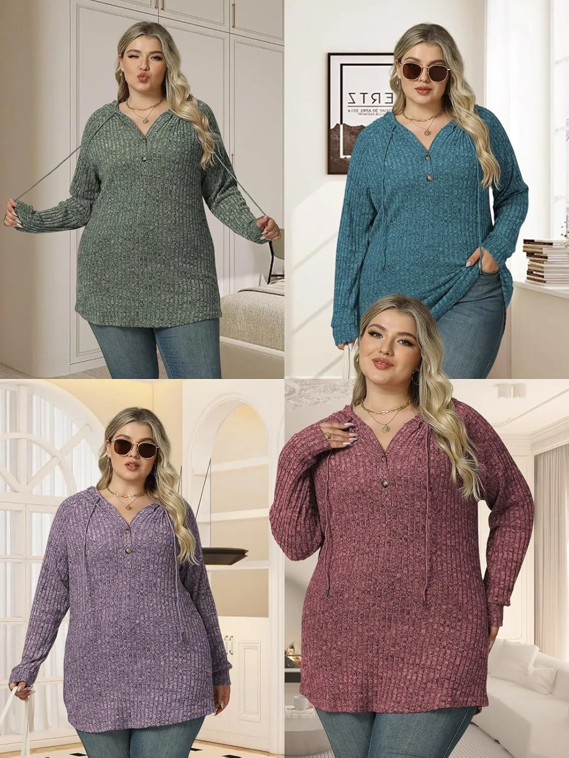 VISLILY Womens-Plus-Size-Hoodies Button V Neck Lightweight Knit Sweaters Casual Long Sleeve Tops Drawstring Hooded Sweatshirt