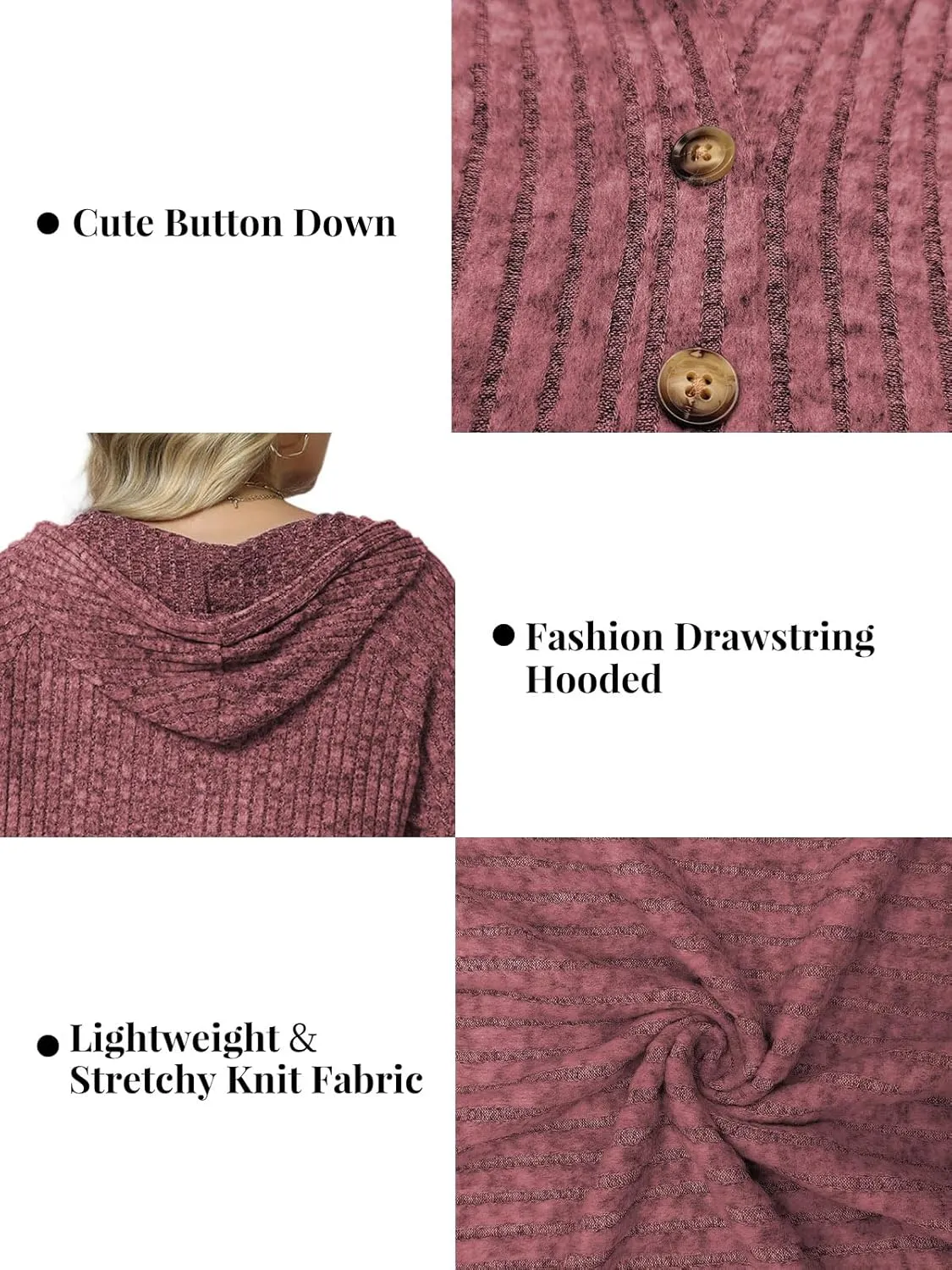 VISLILY Womens-Plus-Size-Hoodies Button V Neck Lightweight Knit Sweaters Casual Long Sleeve Tops Drawstring Hooded Sweatshirt