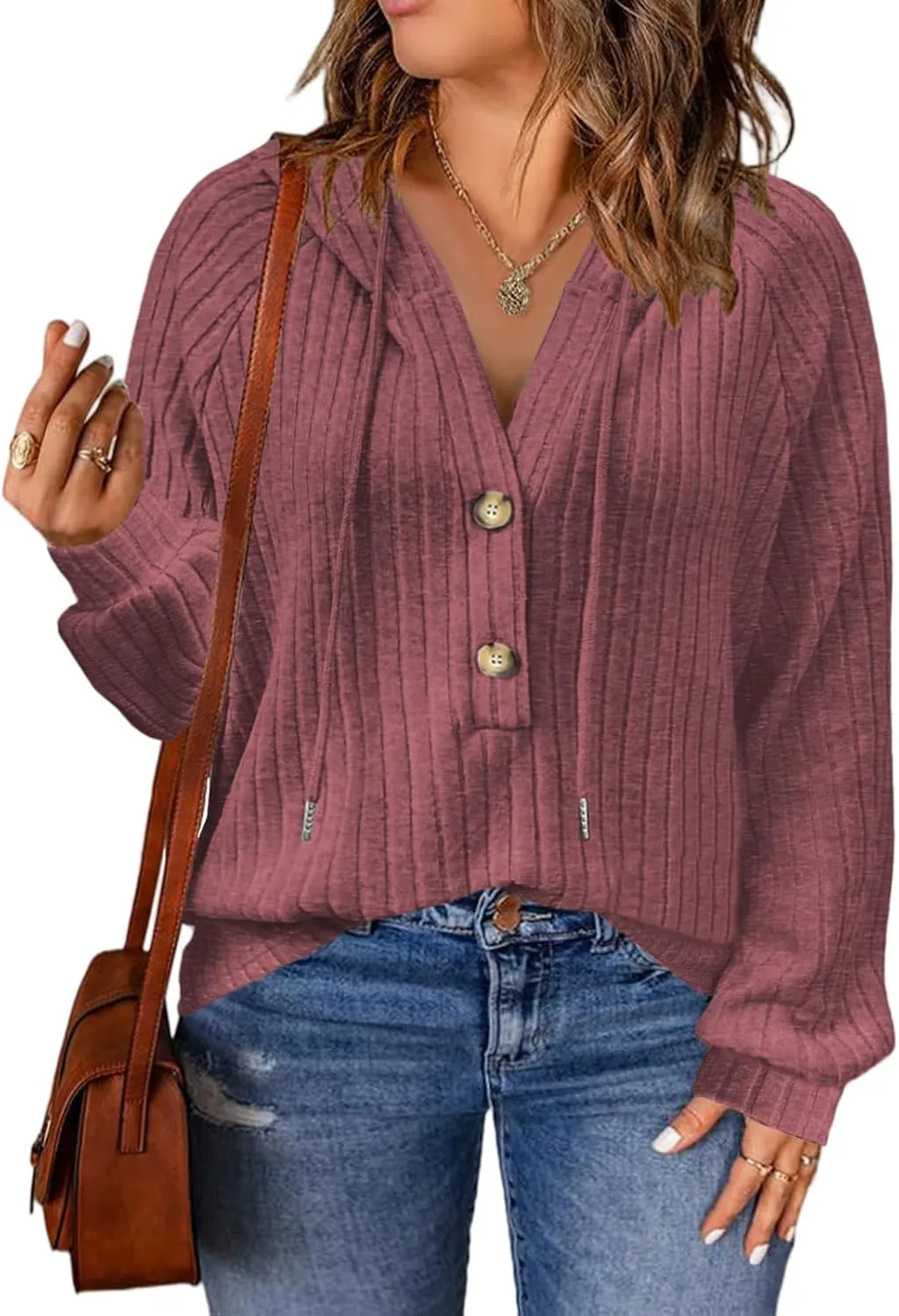 VISLILY Womens-Plus-Size-Hoodies Button V Neck Lightweight Knit Sweaters Casual Long Sleeve Tops Drawstring Hooded Sweatshirt