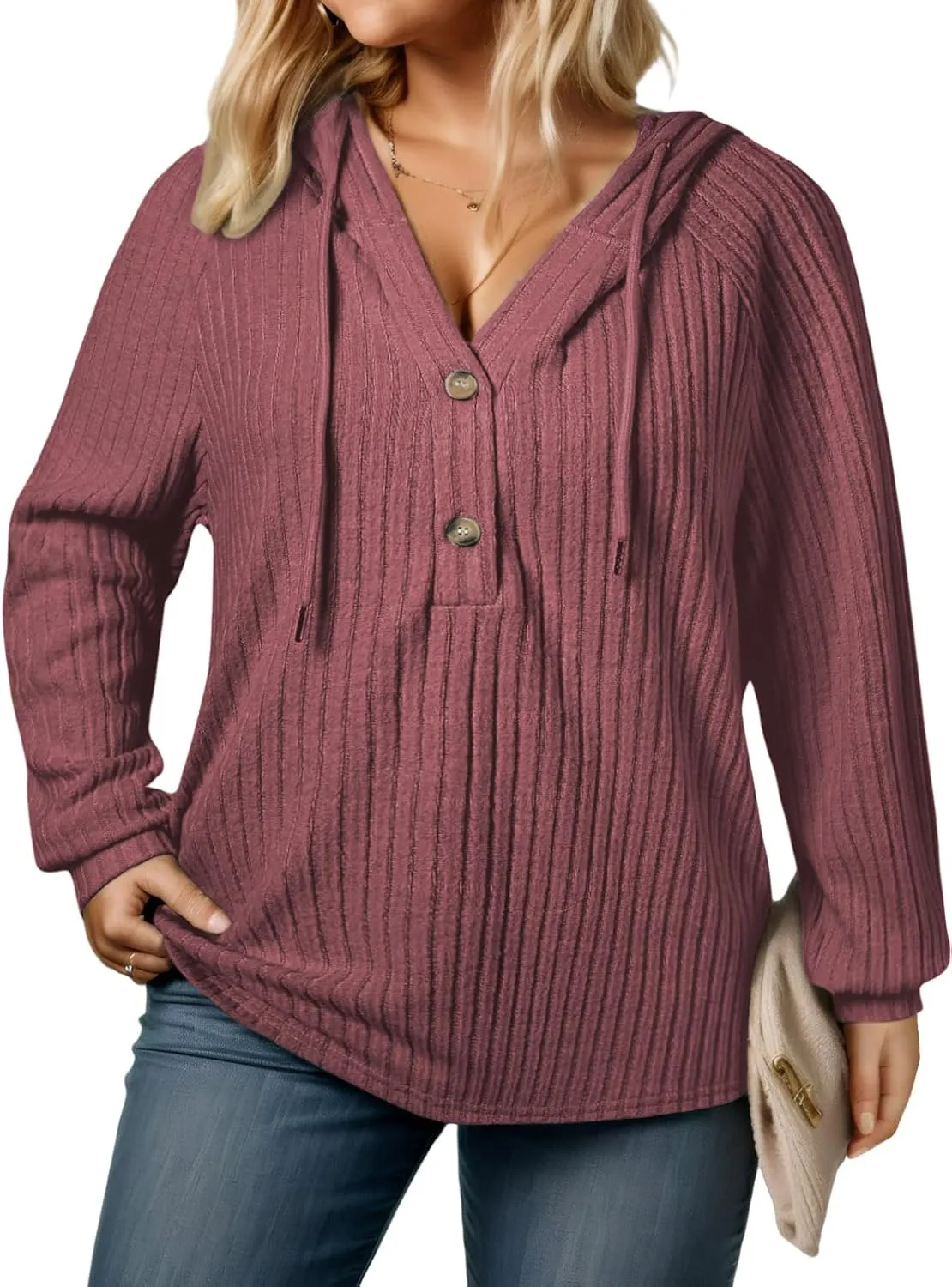VISLILY Womens-Plus-Size-Hoodies Button V Neck Lightweight Knit Sweaters Casual Long Sleeve Tops Drawstring Hooded Sweatshirt