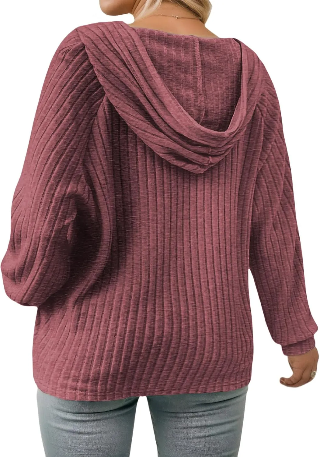 VISLILY Womens-Plus-Size-Hoodies Button V Neck Lightweight Knit Sweaters Casual Long Sleeve Tops Drawstring Hooded Sweatshirt