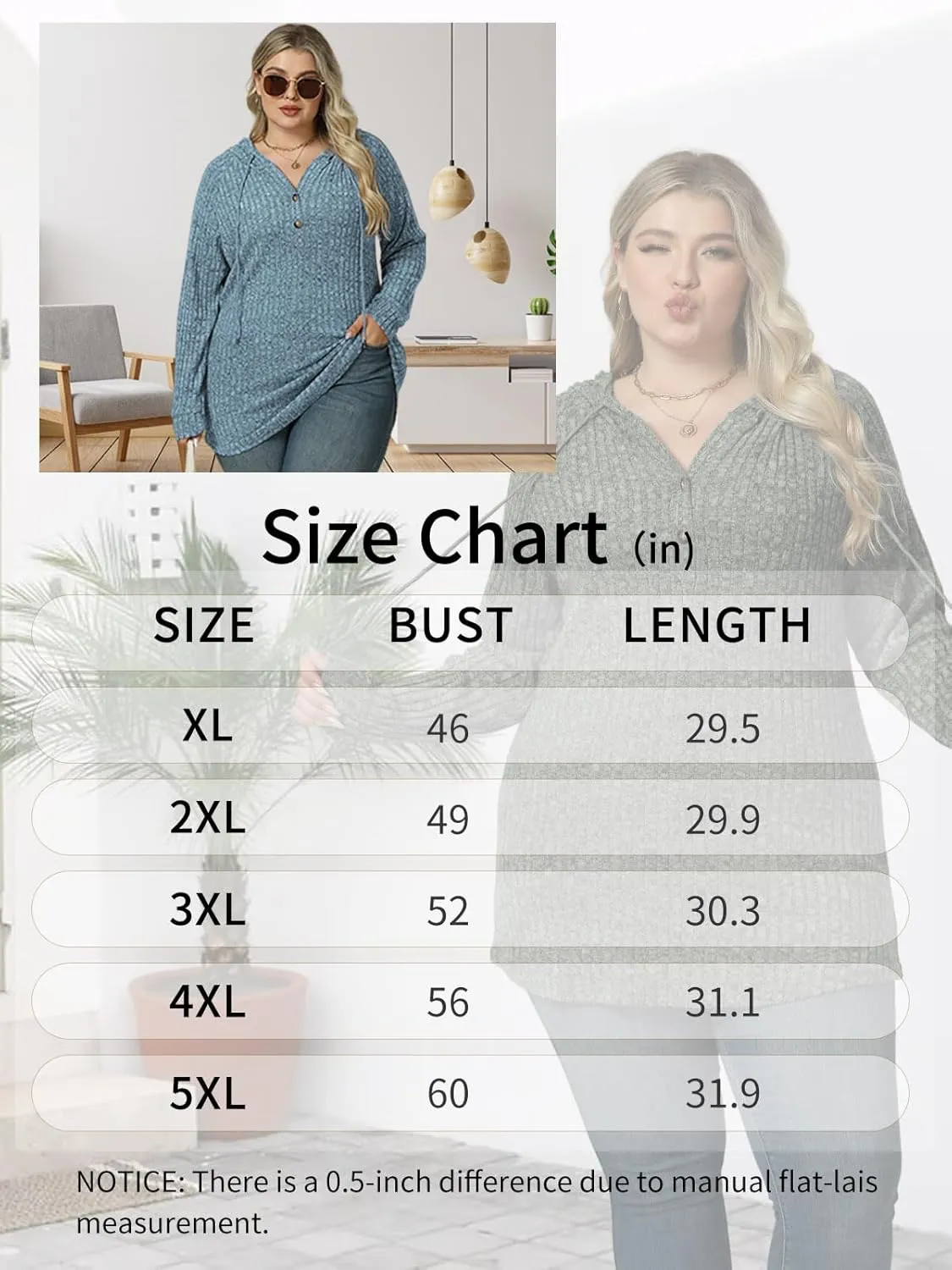 VISLILY Womens-Plus-Size-Hoodies Button V Neck Lightweight Knit Sweaters Casual Long Sleeve Tops Drawstring Hooded Sweatshirt