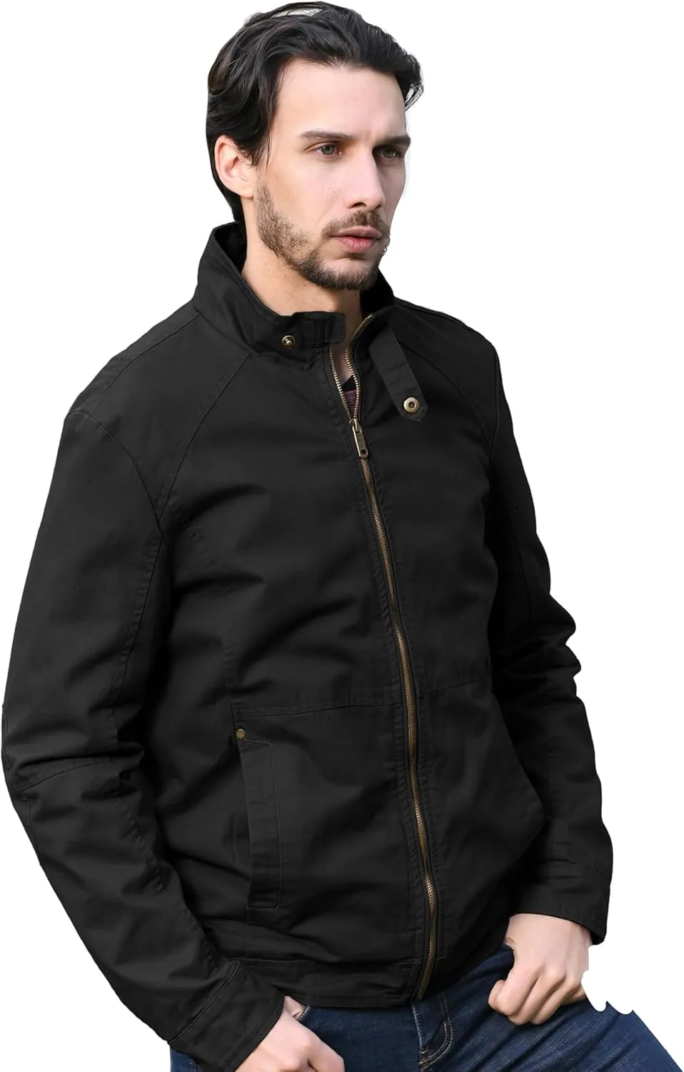 WenVen Men's Casual Canvas Cotton Military Jacket Lightweight Zip Up Outwear
