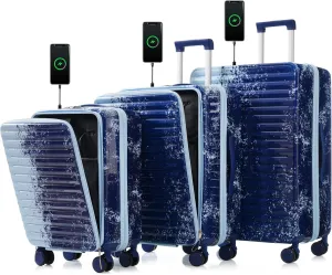 Wild & Bold Luggage 3Piece Sets, 20 "24" with front pocket,Hard Shell Luggage Carry on Luggage Set with TSA Lock usb interface, universal wheel,cup holder,gradient blue