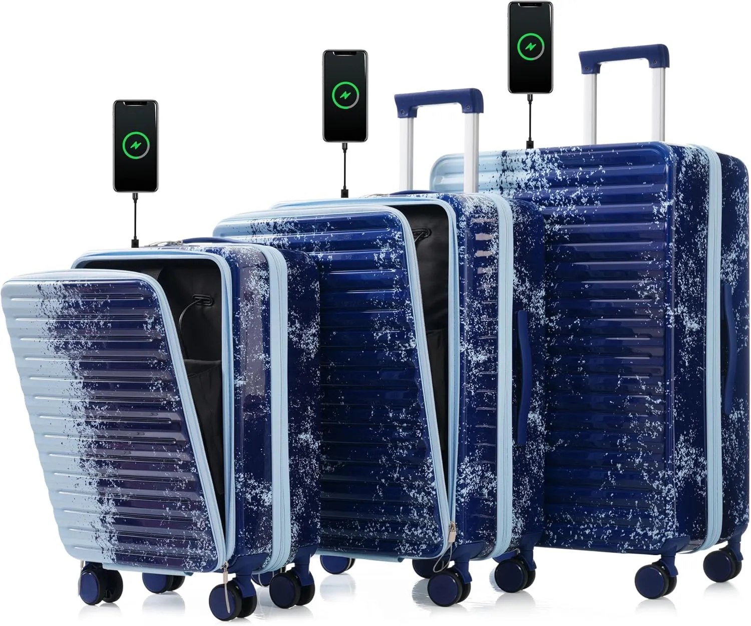 Wild & Bold Luggage 3Piece Sets, 20 "24" with front pocket,Hard Shell Luggage Carry on Luggage Set with TSA Lock usb interface, universal wheel,cup holder,gradient blue