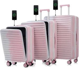 Wild & Bold Luggage 3Piece Sets, 20 "24" with front pocket,Hard Shell Luggage Carry on Luggage Set with TSA Lock usb interface, universal wheel,cup holder,gradient pink