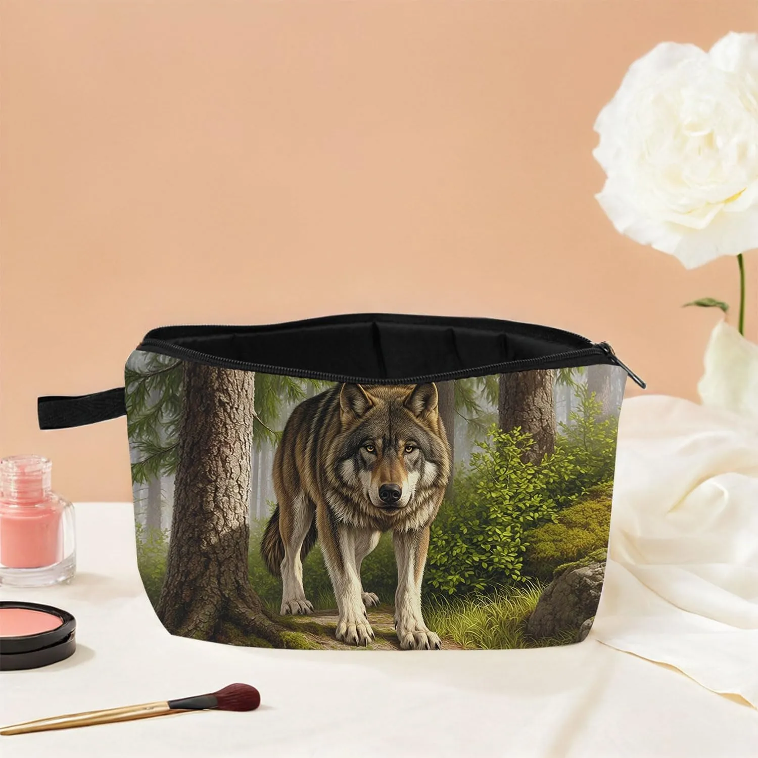 Wolf Print Cosmetic Bag Bold Wilderness Design Makeup Organizer Adventure Travel & Daily Essentials Pouch Unique Gift for Camping Enthusiasts/Nature Lovers