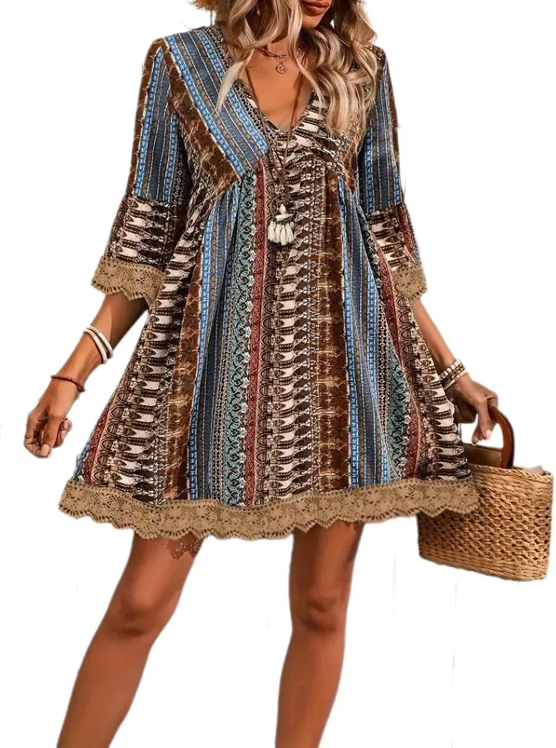 Women Casual Spring Summer Dresses V Neck Half Sleeve Boho Floral Ruffle Flowy Babydoll Mini Short Beach Dress