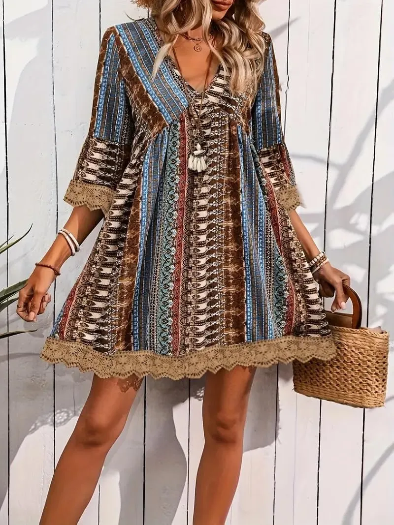 Women Casual Spring Summer Dresses V Neck Half Sleeve Boho Floral Ruffle Flowy Babydoll Mini Short Beach Dress