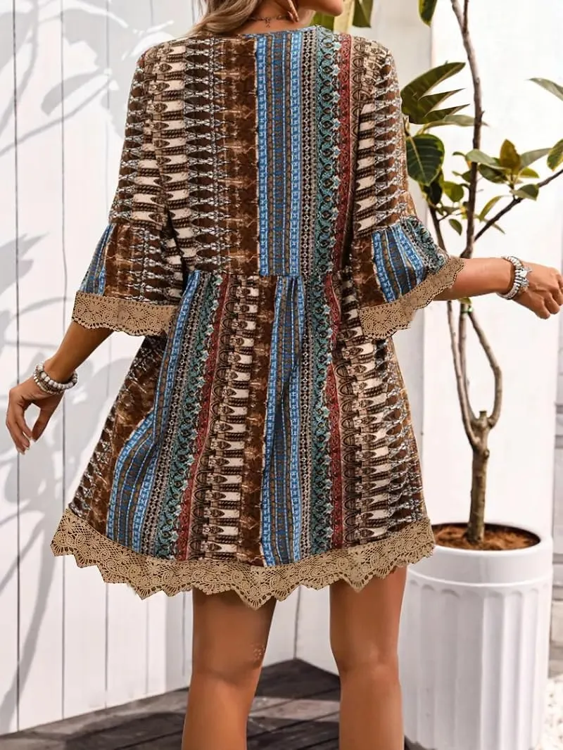 Women Casual Spring Summer Dresses V Neck Half Sleeve Boho Floral Ruffle Flowy Babydoll Mini Short Beach Dress