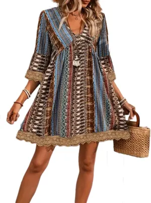 Women Casual Spring Summer Dresses V Neck Half Sleeve Boho Floral Ruffle Flowy Babydoll Mini Short Beach Dress