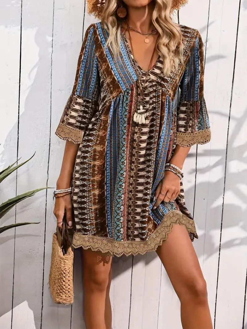 Women Casual Spring Summer Dresses V Neck Half Sleeve Boho Floral Ruffle Flowy Babydoll Mini Short Beach Dress