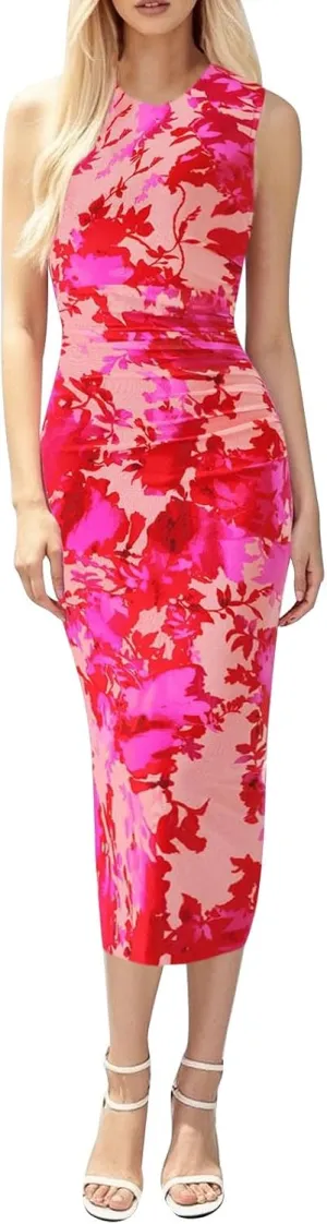 Women Casual Summer Dresses 2025 Floral Printed Bodycon Dress Sleeveless Crewneck Elegant Midi Dress