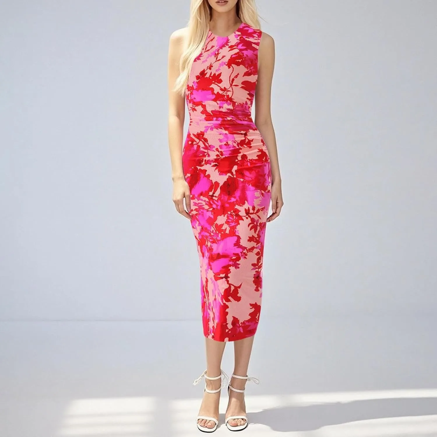 Women Casual Summer Dresses 2025 Floral Printed Bodycon Dress Sleeveless Crewneck Elegant Midi Dress