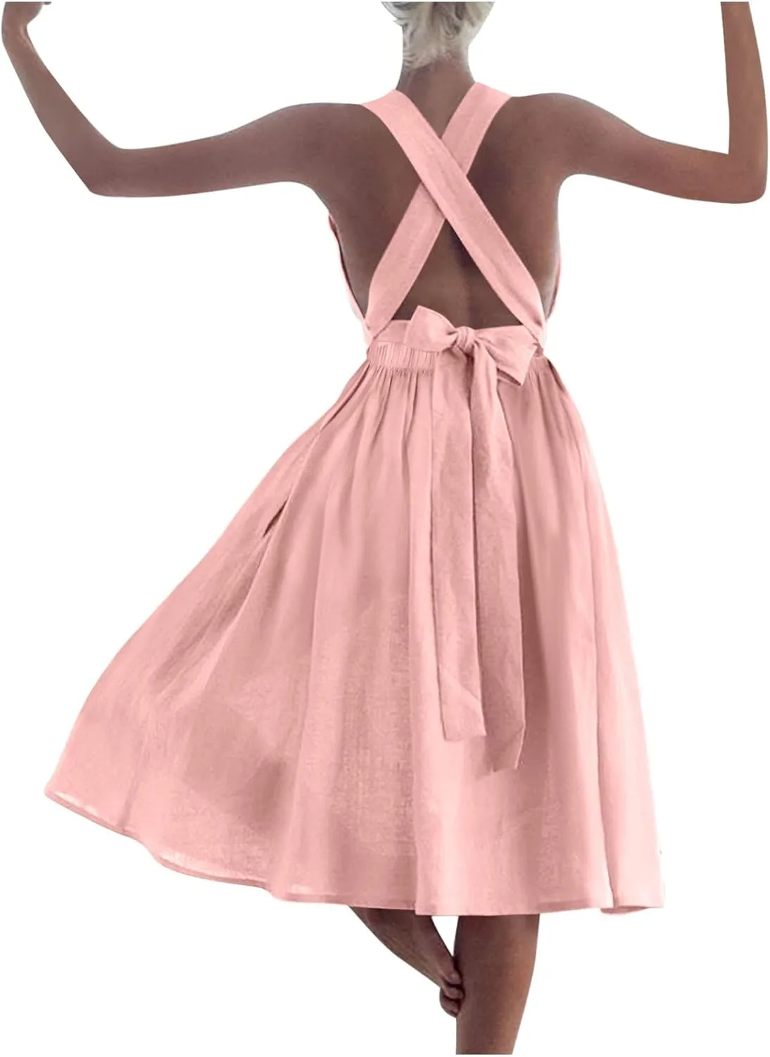 Women Cotton Linen A-line Dress Elegant Cross Lace-Up Backless Midi Dresses Summer Sleeveless Flowy Pleated Dress
