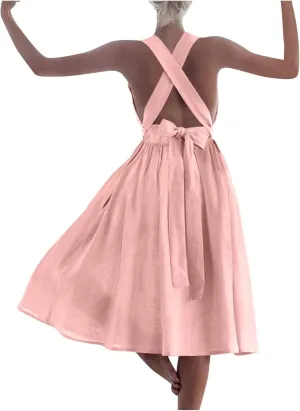 Women Cotton Linen A-line Dress Elegant Cross Lace-Up Backless Midi Dresses Summer Sleeveless Flowy Pleated Dress